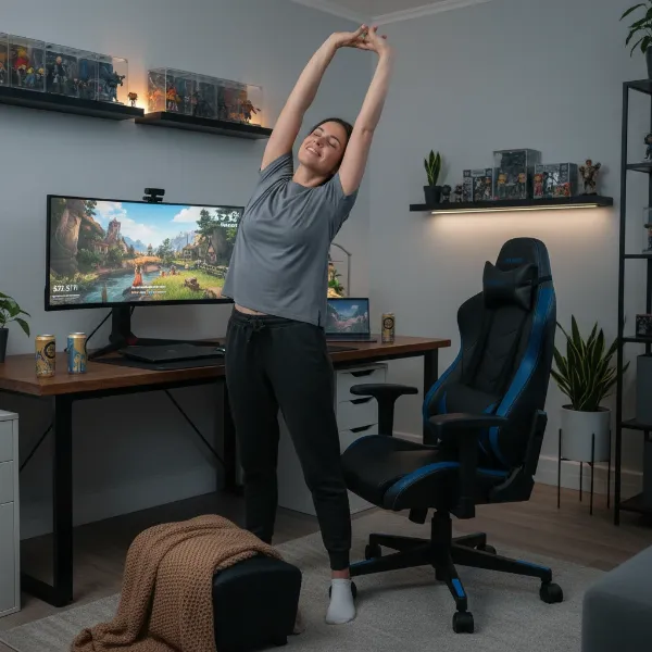 A gamer doing light stretches after a long gaming session in a comfortable, relaxed setting, emphasizing self-care and ergonomic practices.