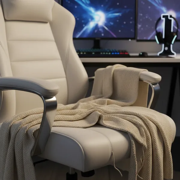 A white gaming chair with a soft, light-colored throw blanket draped over the seat and backrest, subtly suggesting protection and comfort.