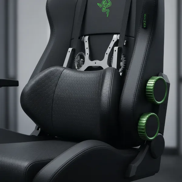 Close-up of Razer Iskur V2's 6D adaptive lumbar support system with adjustment dials visible.