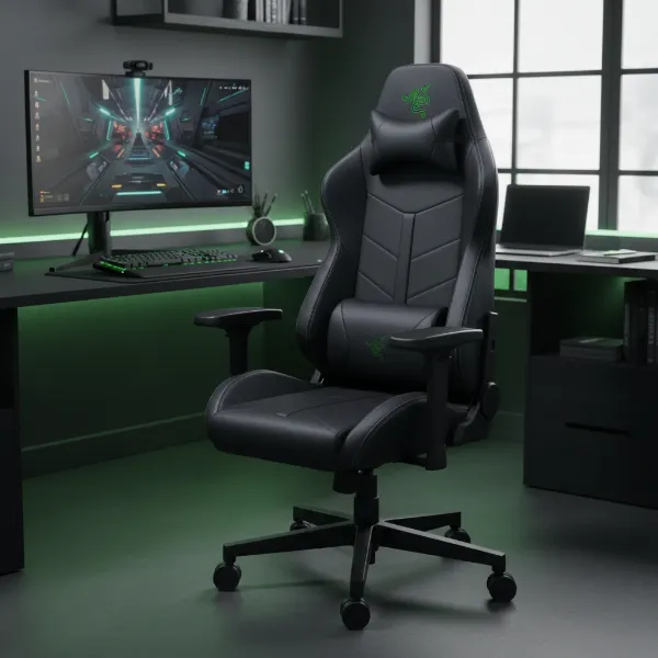A sleek black Razer Iskur V2 gaming chair set up in a modern gaming or office environment.