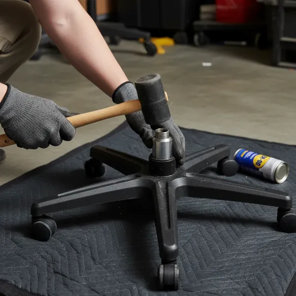 person using rubber mallet to remove stubborn gas lift from chair base