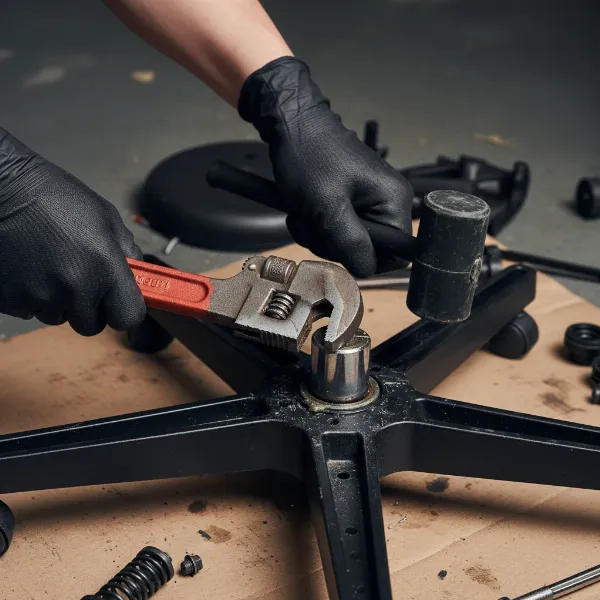 Hands using a pipe wrench and rubber mallet to remove a stubborn gas lift cylinder from a chair base.