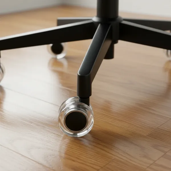Close-up of rollerblade-style gaming chair casters on a hardwood floor, highlighting the soft polyurethane material and smooth bearings.