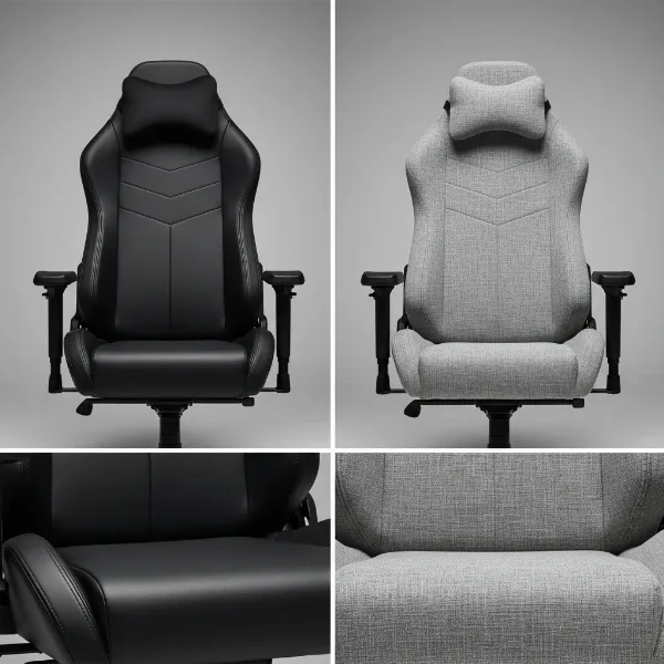 A side-by-side comparison of Secretlab chairs in Neo Hybrid Leatherette and SoftWeave Plus fabric, highlighting texture differences.