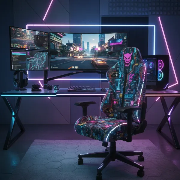A Secretlab gaming chair with a vibrant, fan-favorite Skin installed, sitting in a modern gaming setup with ambient lighting and gaming peripherals.