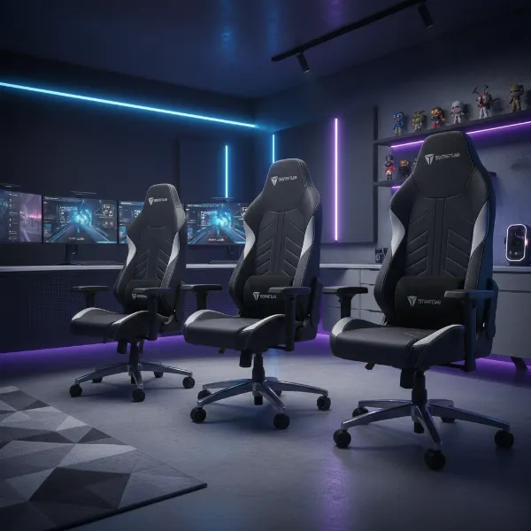 Three Secretlab TITAN Evo chairs, Small, Regular, XL, illustrating distinct sizes and shared features