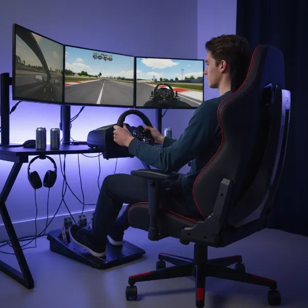 A person comfortably seated in an ergonomic gaming chair, actively engaged in a sim racing setup with a steering wheel and pedals. Focus on good posture and immersion.