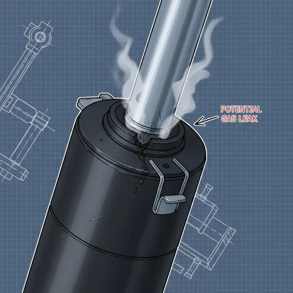 A close-up view of a gaming chair's gas lift mechanism showing a clear fault, with illustrative arrows pointing to where gas leakage might occur.