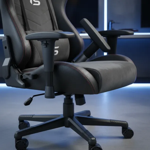 Close-up of Techni Sport gaming chair materials like velvet and PU leather, with focus on adjustable armrests and base.