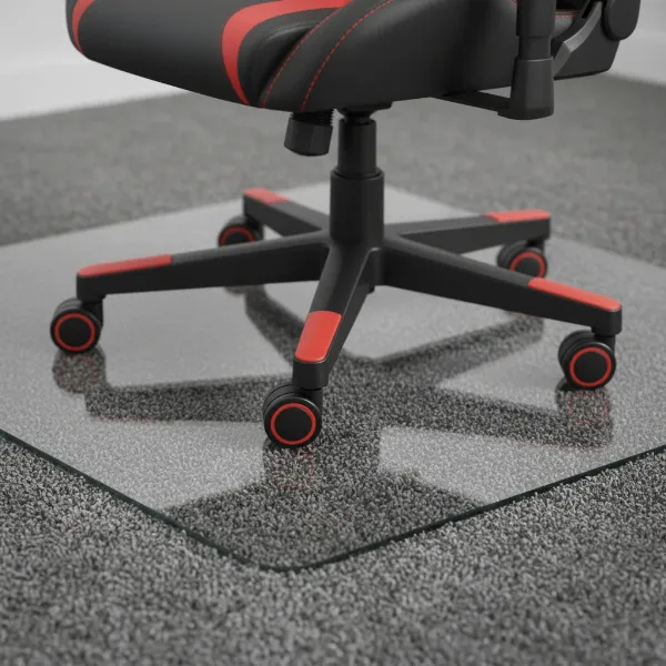 A sleek tempered glass chair mat protecting a carpeted floor in a modern gaming setup, with a gaming chair gliding smoothly.