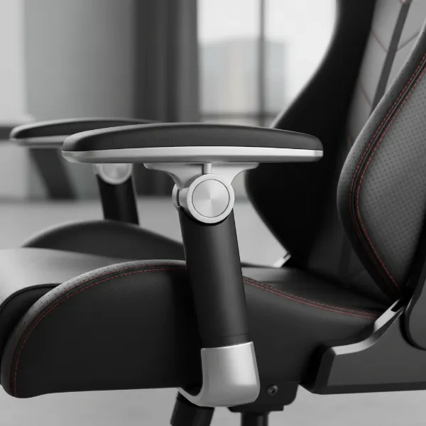 Thermaltake E700 showing 4D adjustable armrests and the integrated aluminum recline handle for posture customization.