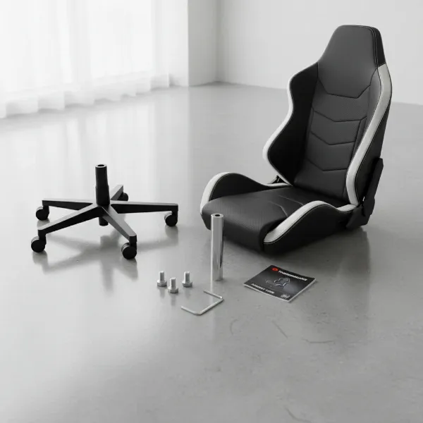 Thermaltake E700 chair components laid out for assembly, showing the largely pre-assembled design for quick setup.