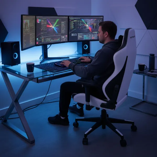 Person sitting in Thermaltake E700, chair integrated into a high-tech gaming or professional workstation environment.