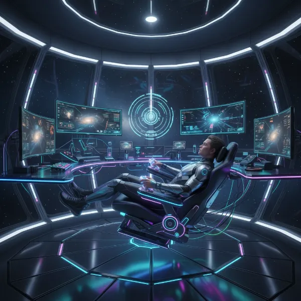 A gamer immersed in a futuristic zero gravity workstation with multiple screens, LED lights, and ergonomic support, highlighting comfort and immersion.